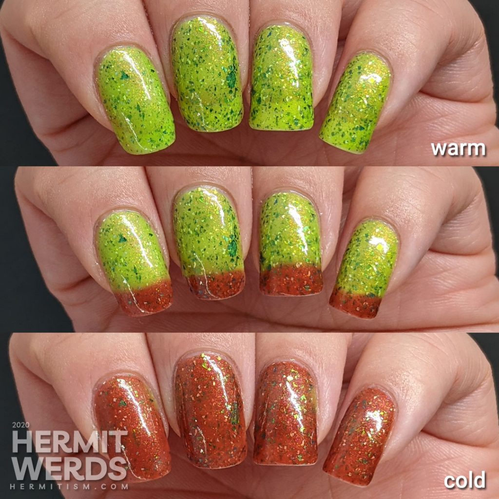 An indie thermal polish that transitions from red (cool) to green (hot) by Night Owl Lacquer.