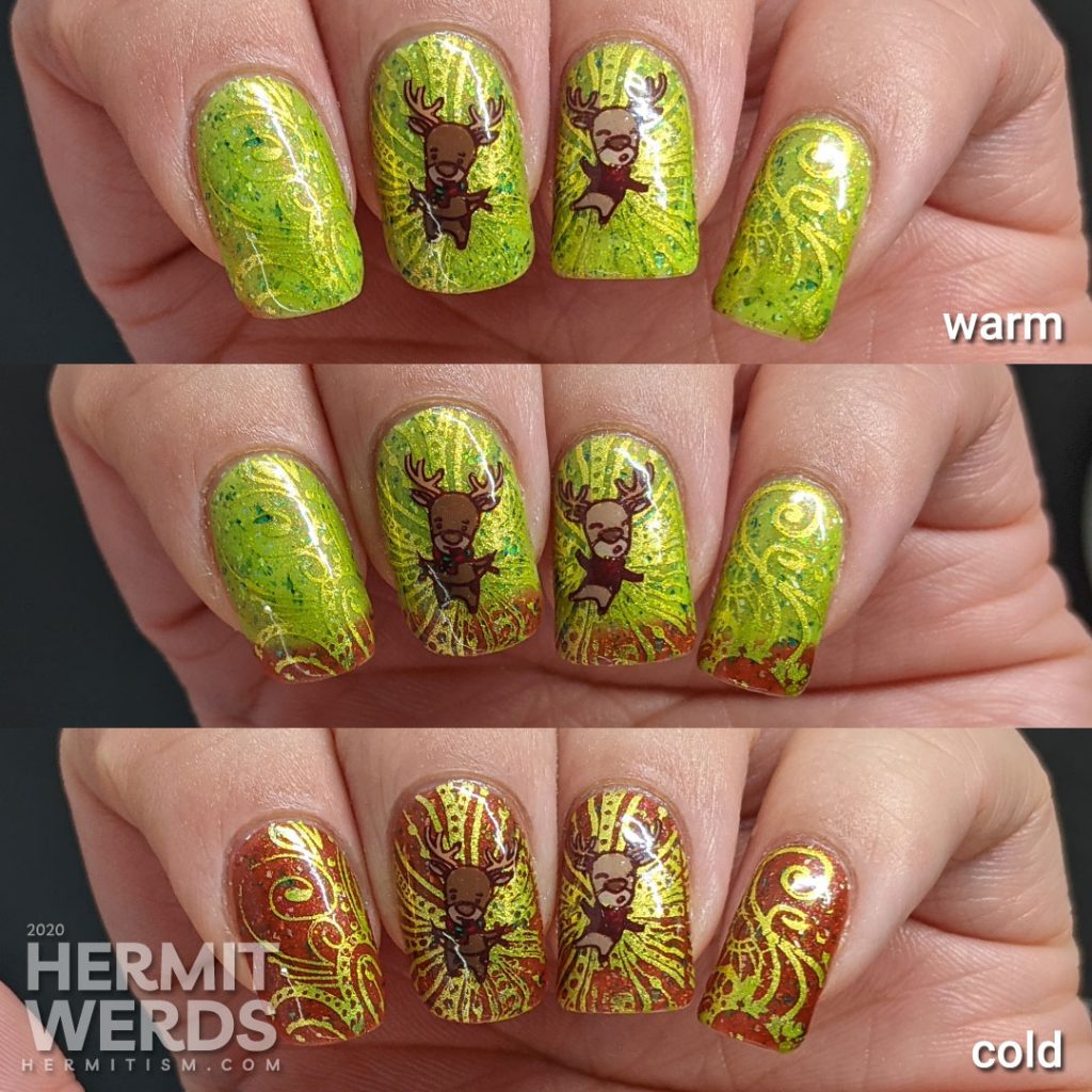 A super bling Christmas mani starting with a red/green thermal polish, bright green swirls, and dancing reindeer stamping decals.
