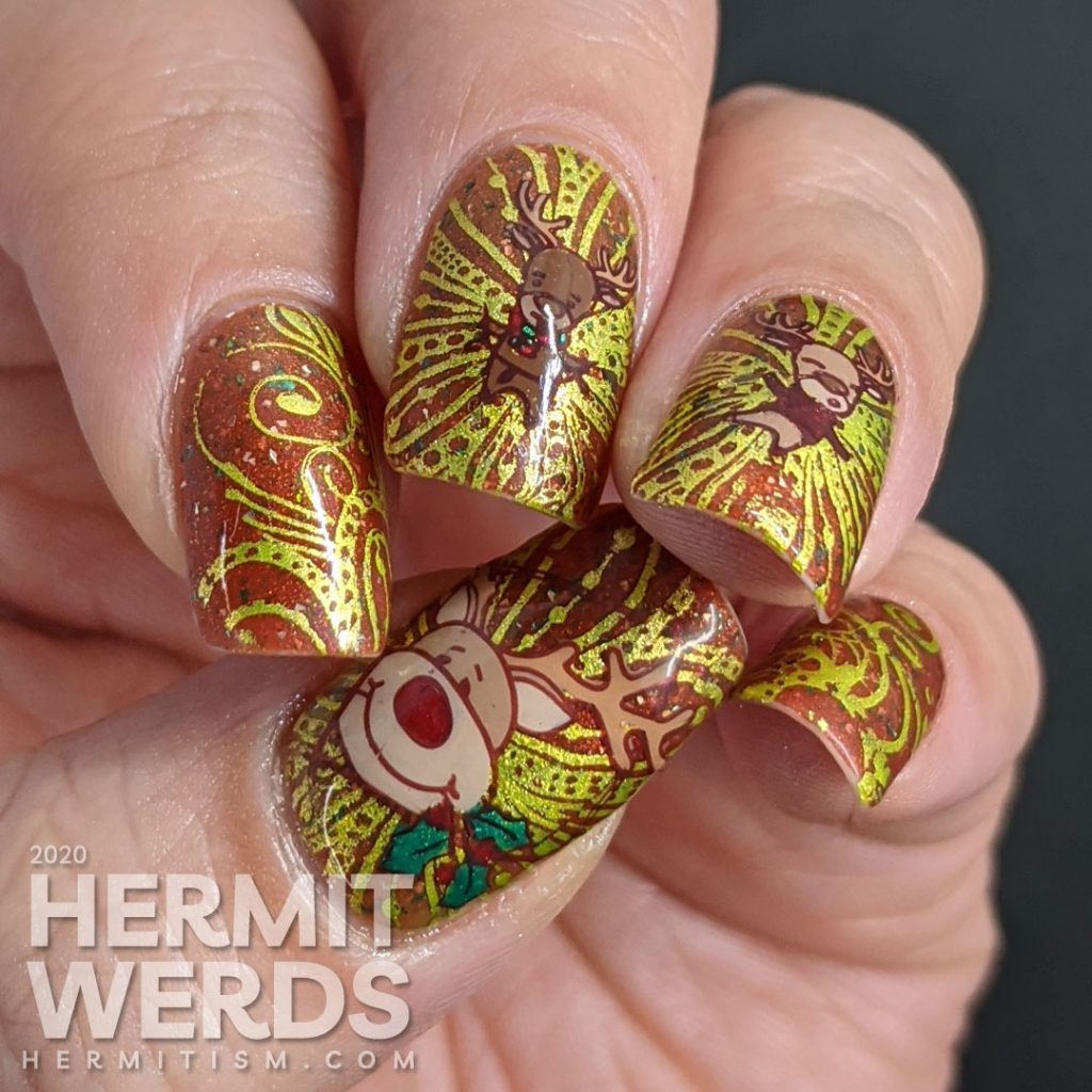 A super bling Christmas mani starting with a red/green thermal polish, bright green swirls, and dancing reindeer stamping decals.