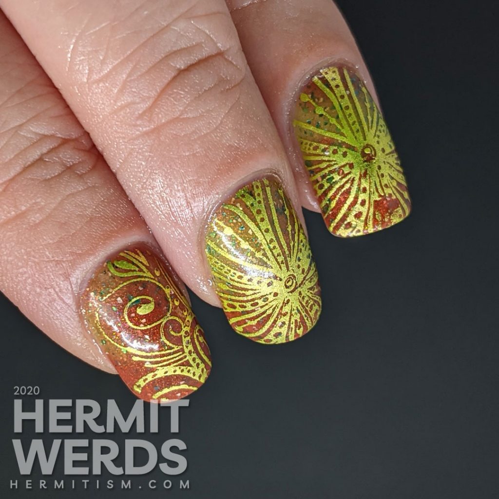 A super bling Christmas mani starting with a red/green thermal polish and bright green swirls.