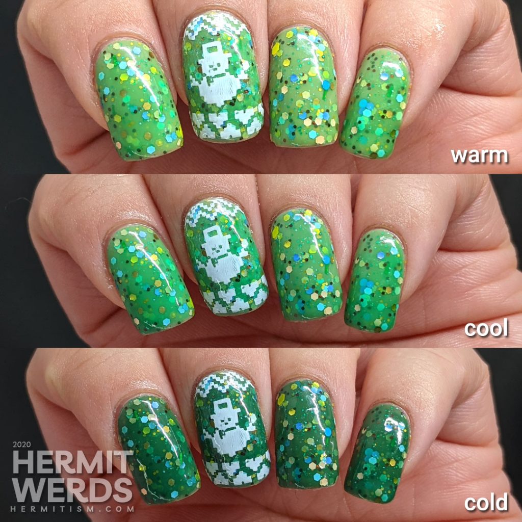 Nail art with blocky sweater pattern stamping on top of a super "tacky" light green to ultramarine green tri-thermal indie polish stuffed with glitter.