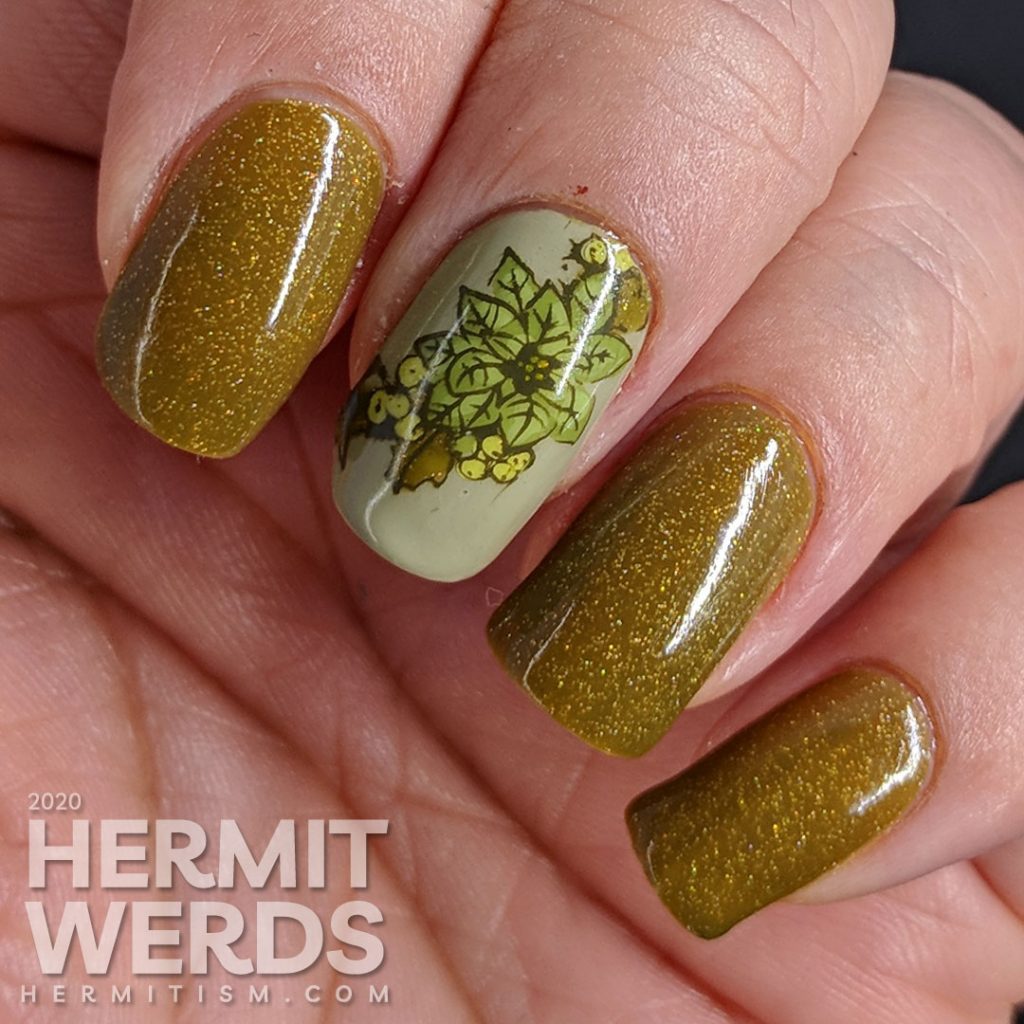 Olive Christmas art featuring accent nails with poinsettia stamping decals and a wee bird and holographic olive polish.