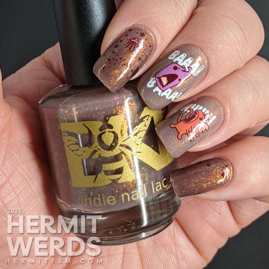 A muted red nail art with a science fiction theme. Cute aliens stamping decals scream at each other while an astronaut says "hi".