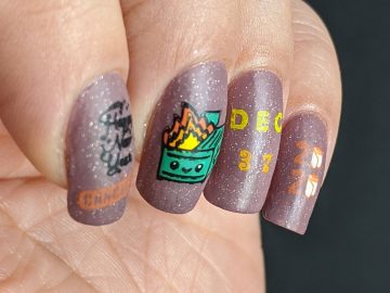 A cheeky nail art featuring the kawaii dumpster fire and referring to January 6, 2021 as December 37, 2020.