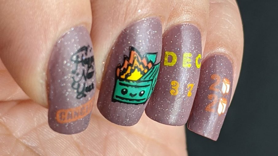 A cheeky nail art featuring the kawaii dumpster fire and referring to January 6, 2021 as December 37, 2020.