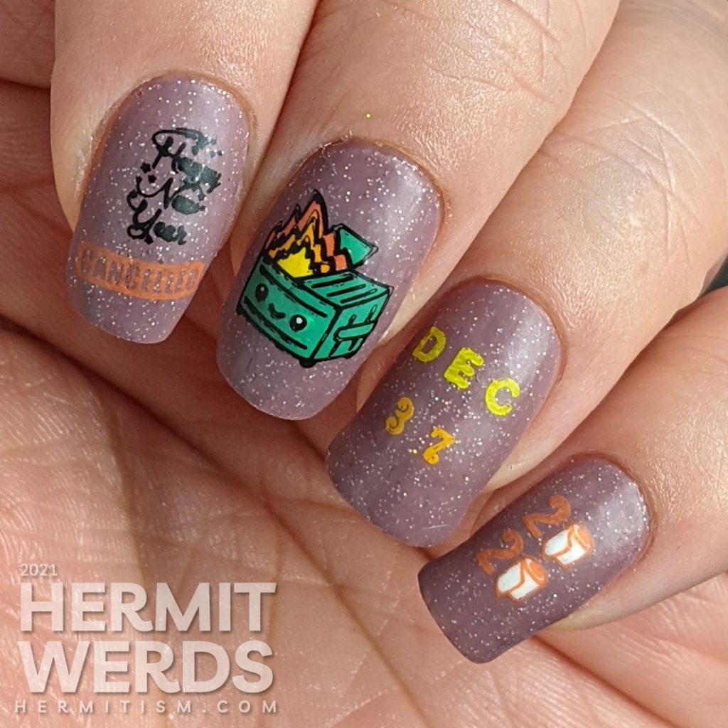 A cheeky nail art featuring the kawaii dumpster fire and referring to January 6, 2021 as December 37, 2020.