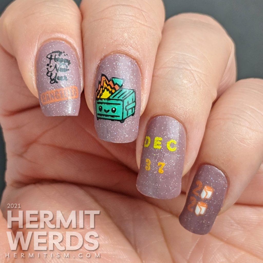 A cheeky nail art featuring the kawaii dumpster fire and referring to January 6, 2021 as December 37, 2020.