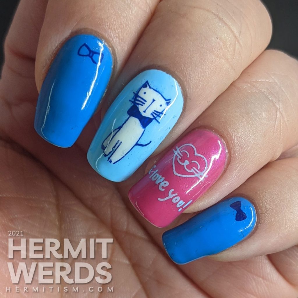 Blue and pink nail art of a gentleman cat dressing up in a bow tie to woo his lady in the city using stamping decals.