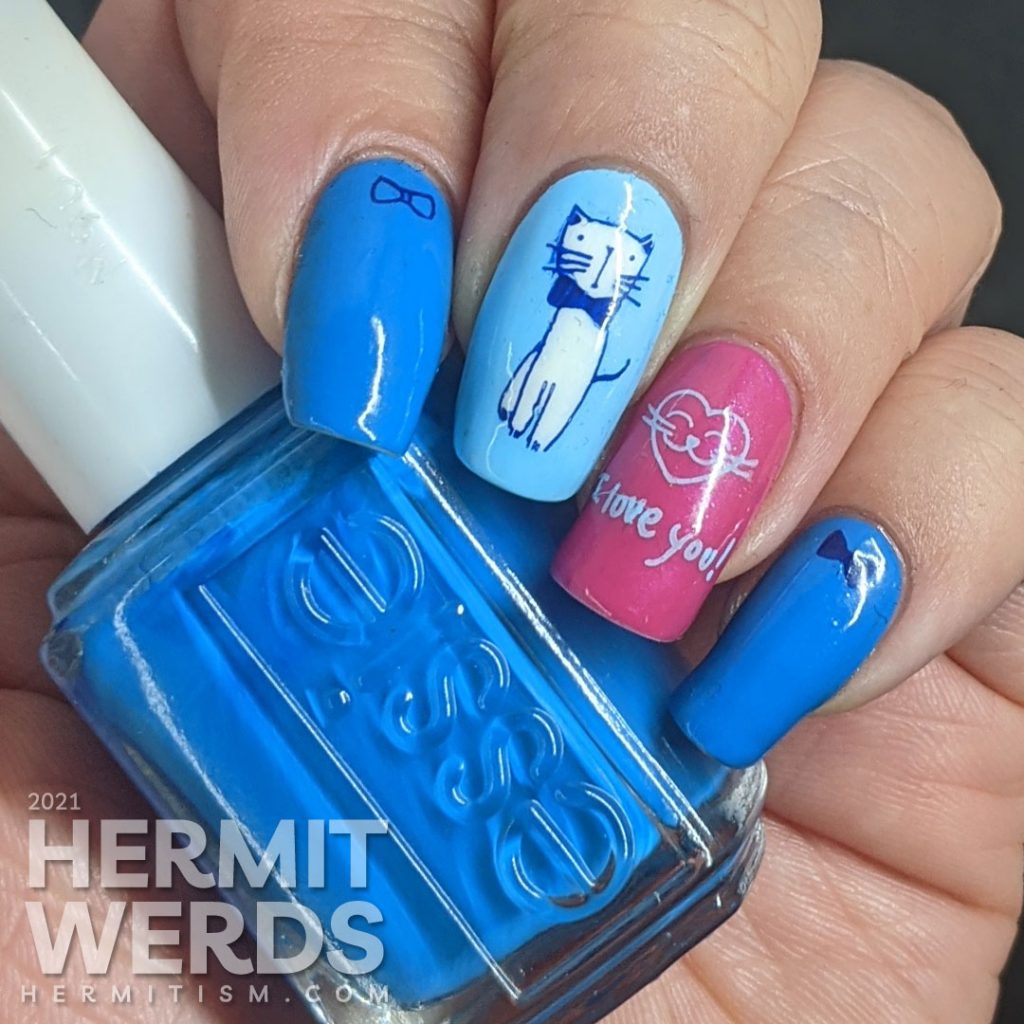 Blue and pink nail art of a gentleman cat dressing up in a bow tie to woo his lady in the city using stamping decals.