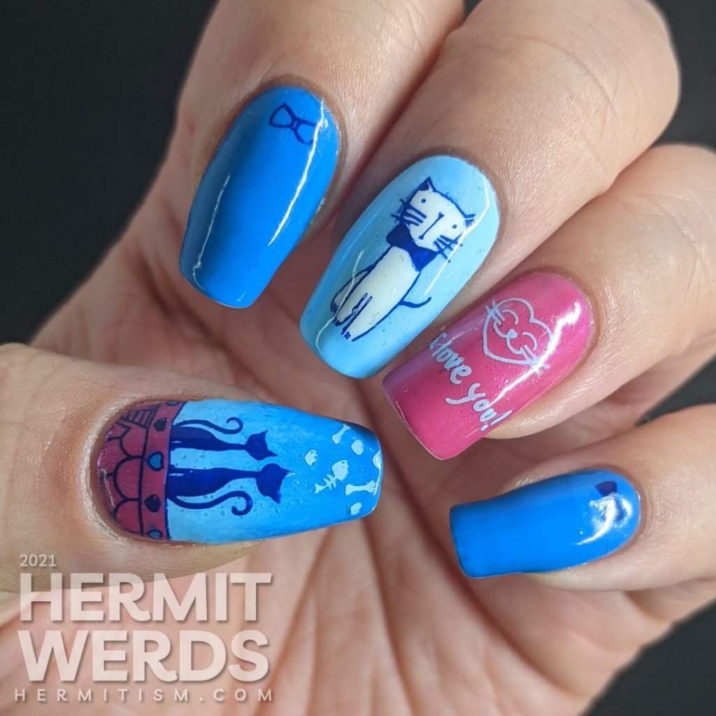Blue and pink nail art of a gentleman cat dressing up in a bow tie to woo his lady in the city using stamping decals.