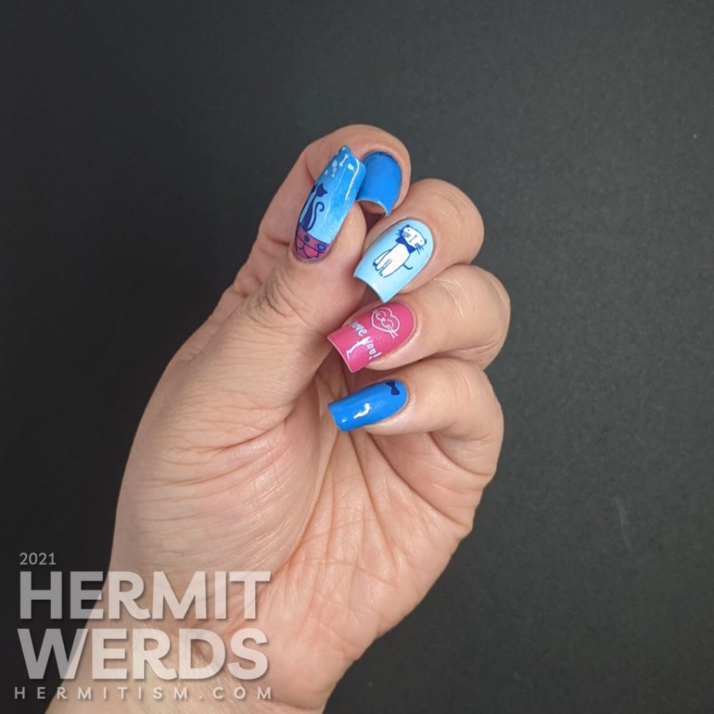 Blue and pink nail art of a gentleman cat dressing up in a bow tie to woo his lady in the city using stamping decals.