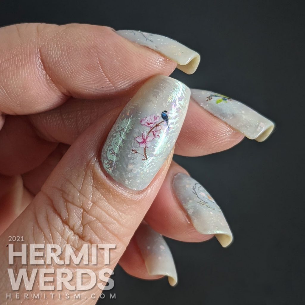 Bird nail art with red bird, robin, and bluebird water decals placed on a white and blue thermal polish with shimmering ferns stamped on top.