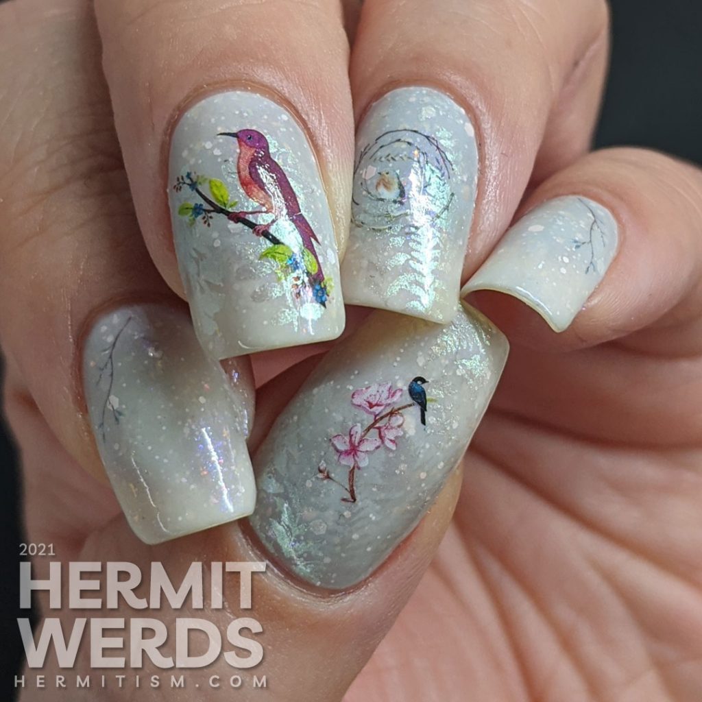 Bird nail art with red bird, robin, and bluebird water decals placed on a white and blue thermal polish with shimmering ferns stamped on top.