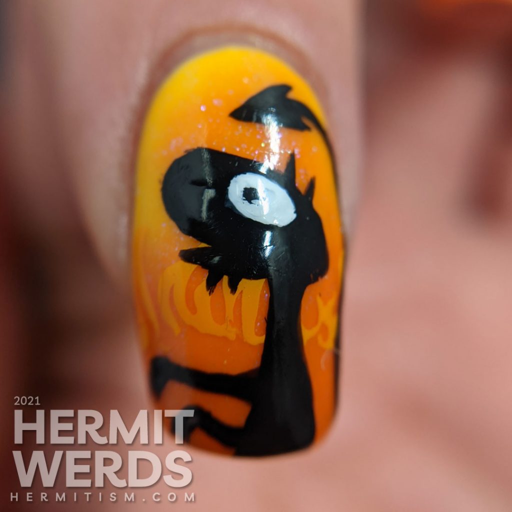 Yellow and orange nail art with the demon Luci (cat) from Netflix's Disenchanted freehand painted on top of flames.