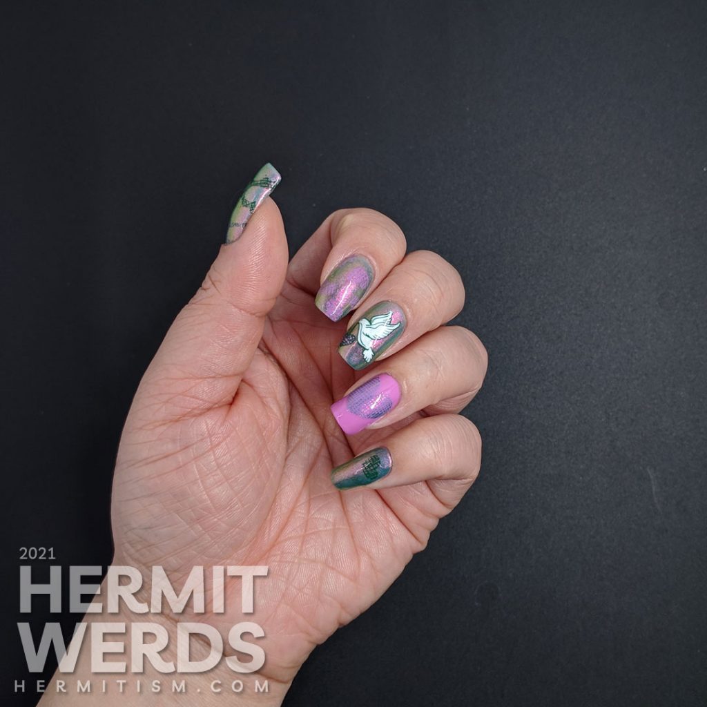 A purple-pink to green nail art with dove and crosshatch heart stamping decals + a white jelly sandwich mani with fluorescent heart sequins.