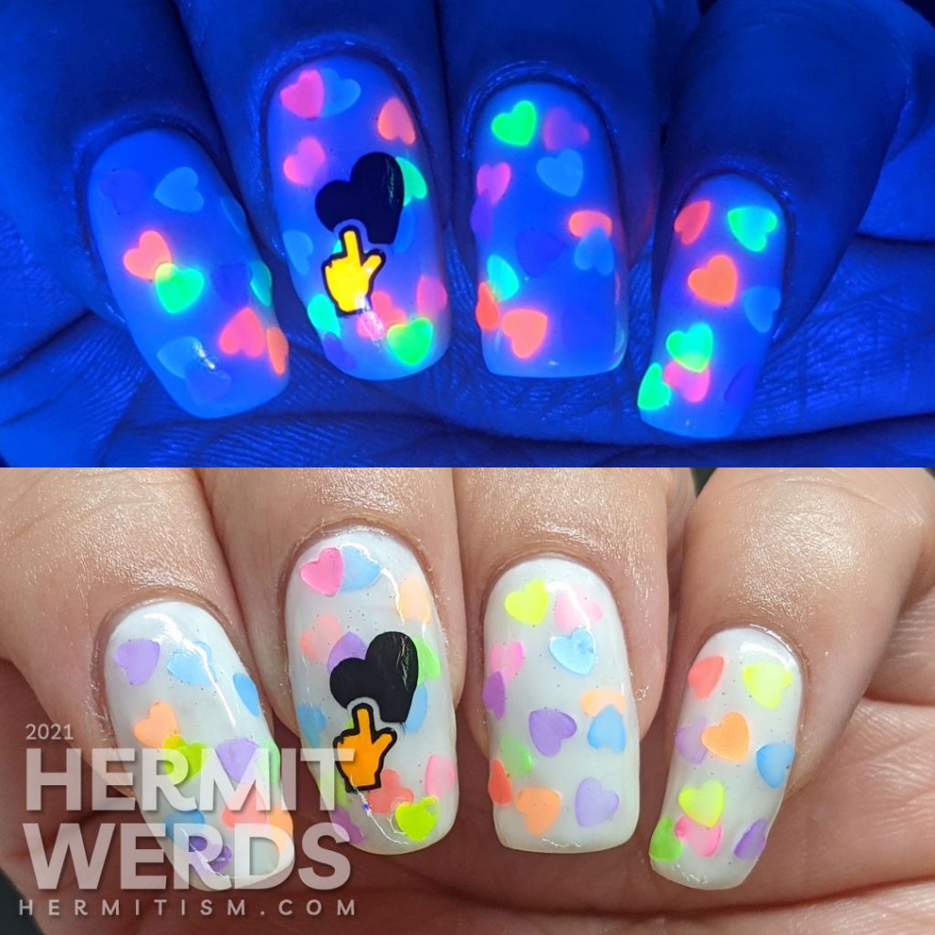 A white jelly pond mani with a neon rainbow of fluorescent heart sequins. Glow-y black light photos included.