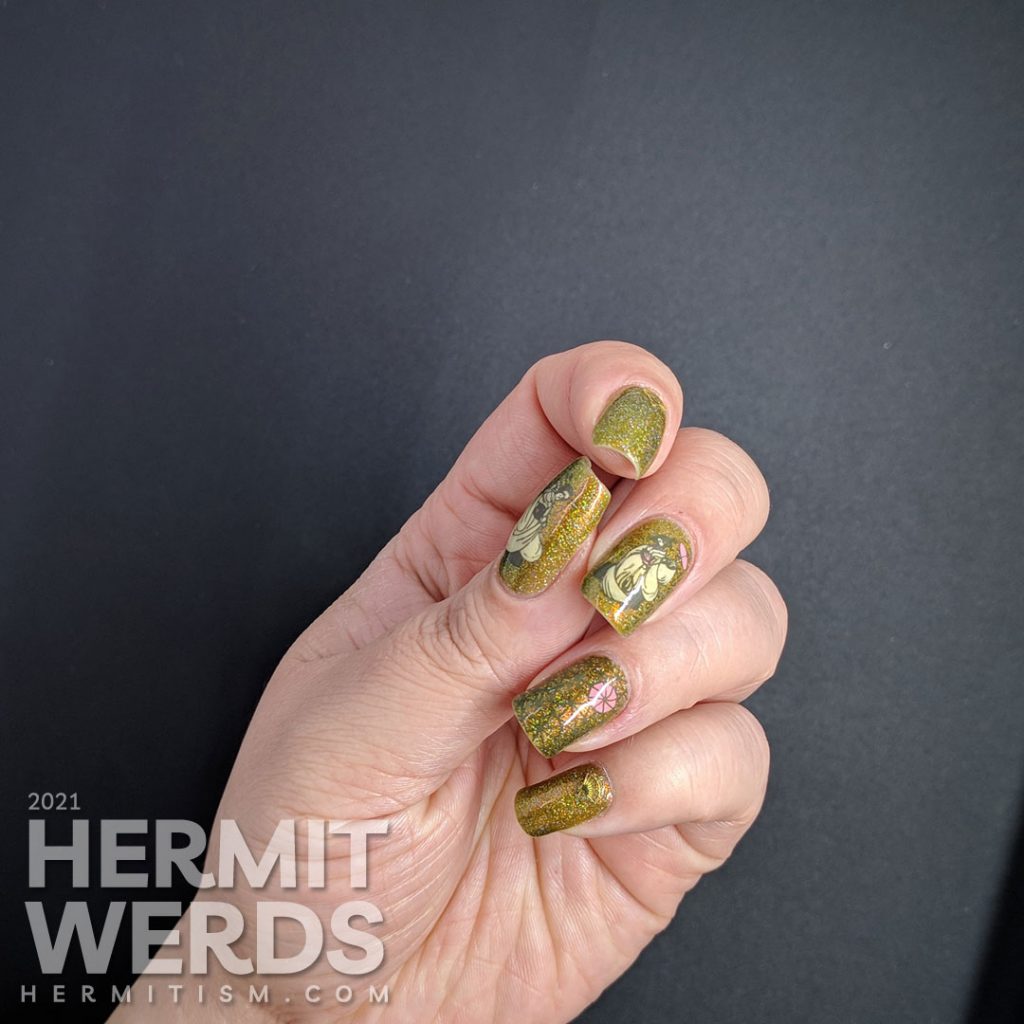 An olive green scattered holographic nail art with stamping decals of Japanese dancers in kimonos with umbrellas and fans.