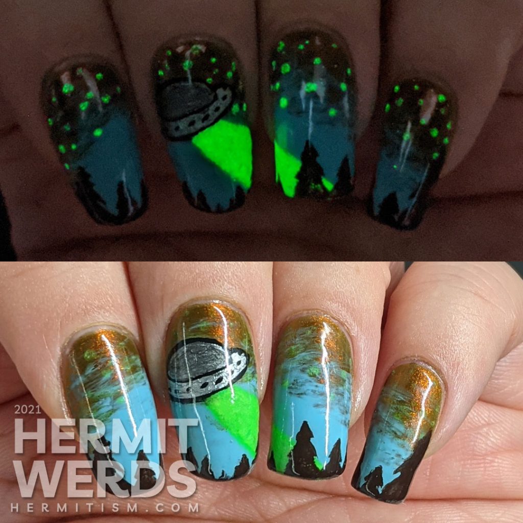 A freehand UFO nail art design with an multichrome olive/red and blue sky, silver UFO with glow in the dark tractor beam and stars.