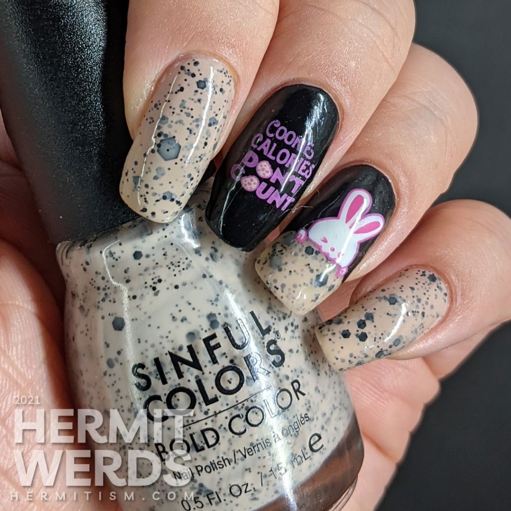 A sweet chocolate chip cookie mani with Sinful Colors' "Cookies & Cream" scented polish, a cute bunny stamping decal and "cookie calories don't count" sentiment.
