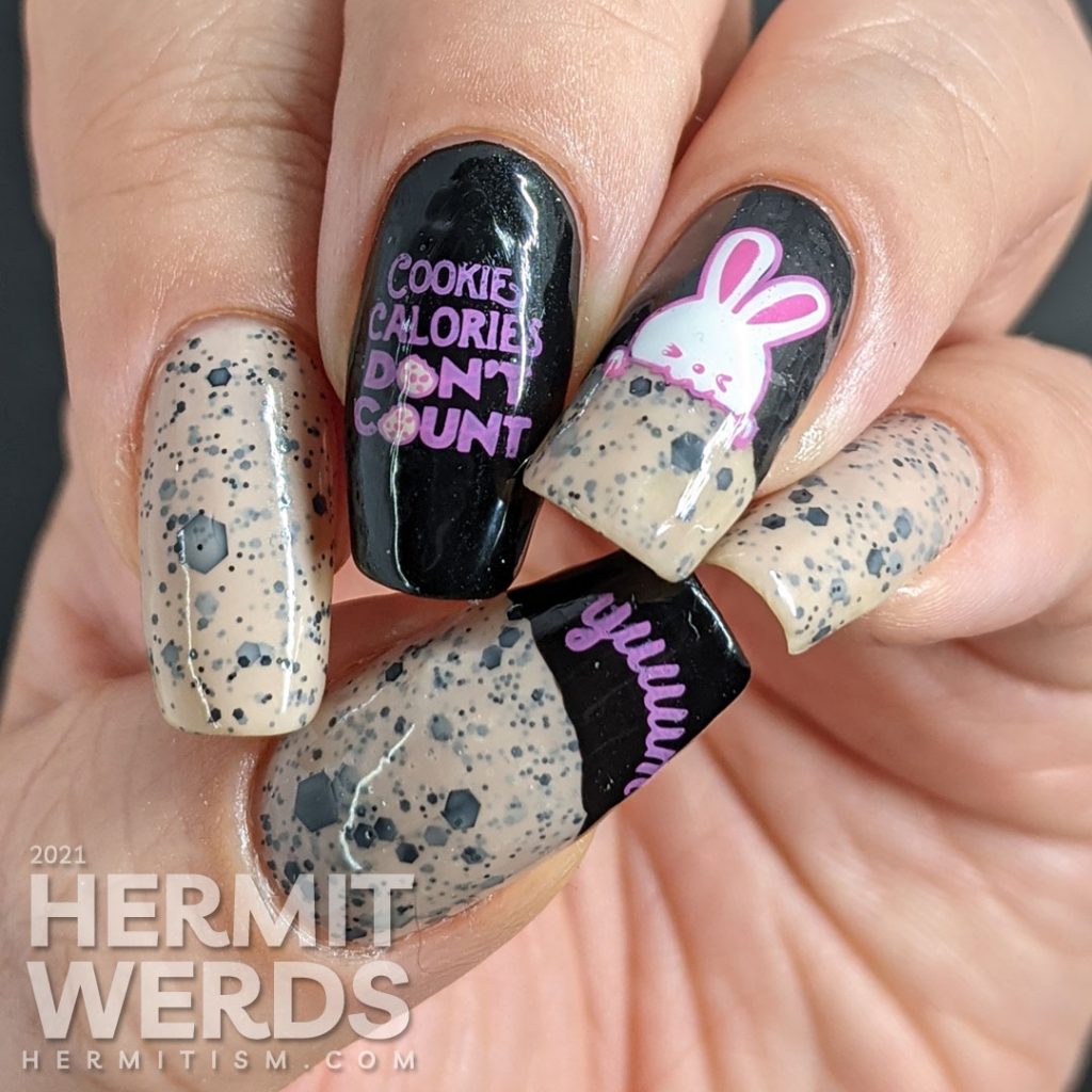 A sweet chocolate chip cookie mani with Sinful Colors' "Cookies & Cream" scented polish, a cute bunny stamping decal and "cookie calories don't count" sentiment.