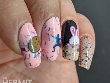 Two baked goods manis: one pink with sprinkles donut mani of people "hunting" a donut and the other a yummy chocolate chip cookie nail art with a hungry bunny.