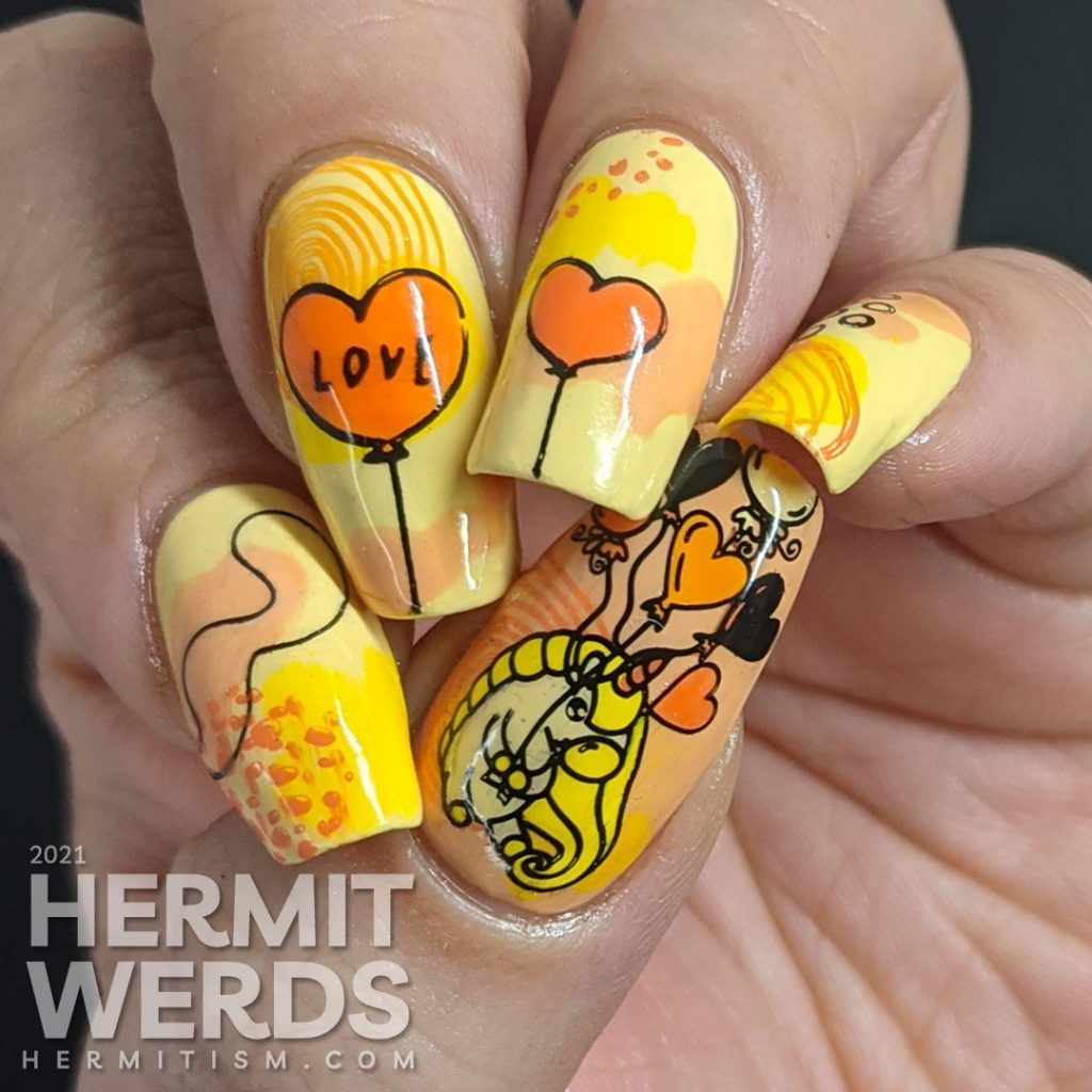 A bright yellow and orange mani with modern abstract shapes and heart balloon stamping decals. Unicorn included.