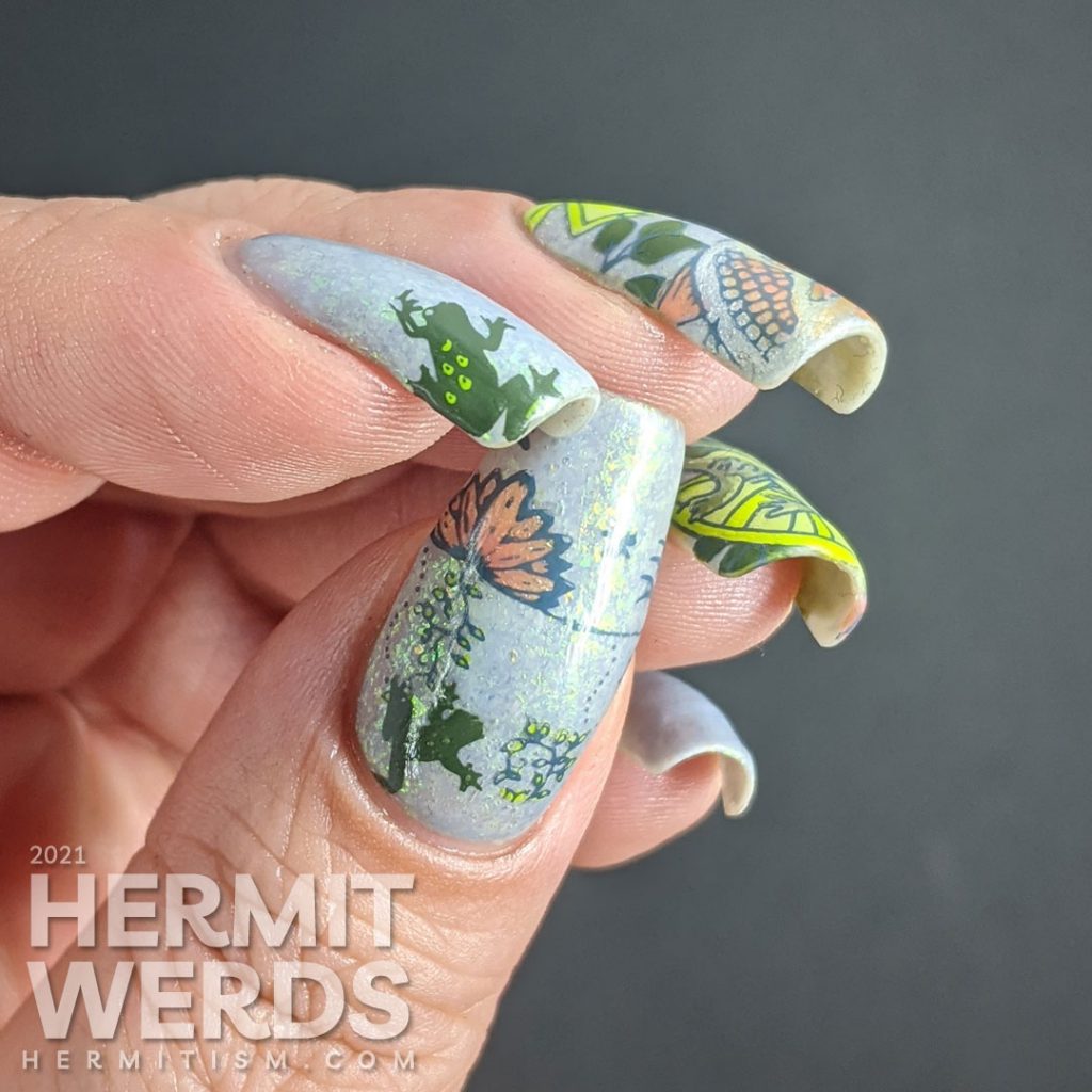 A soft blue-green mani of pond life, mostly frogs and one fish stamping decal with lily pads and other pond greenery.