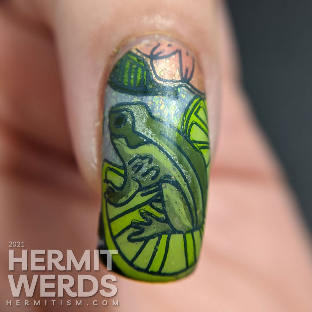 A soft blue-green mani of pond life, mostly frogs and one fish stamping decal with lily pads and other pond greenery.