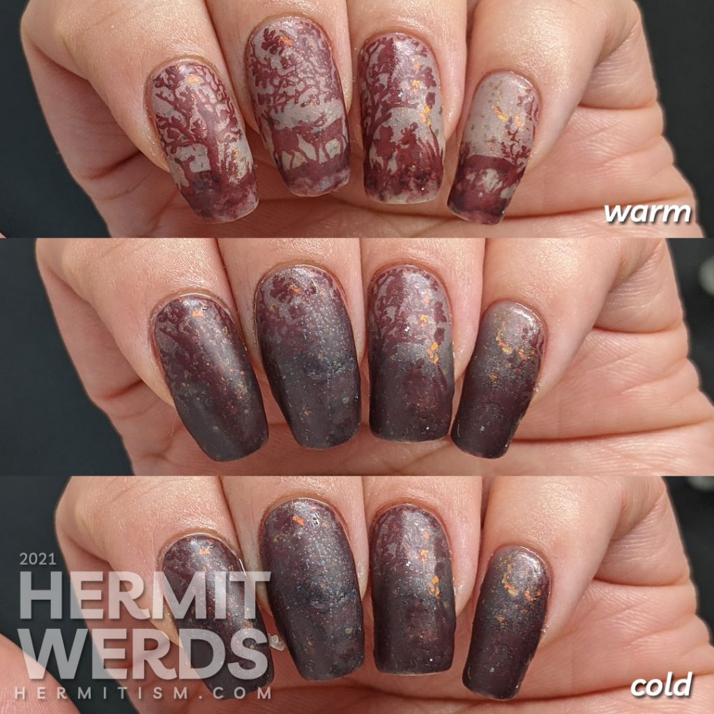 A vanishing mani using a brown thermal polish. A small herd of deer stamping images slowly appear as the nail art warms up.