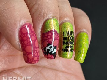 A raspberry and electric green nail art painted to represent a cocktail called Zombie Panda (by Micah Melton) with cute drink and panda stamping decals.
