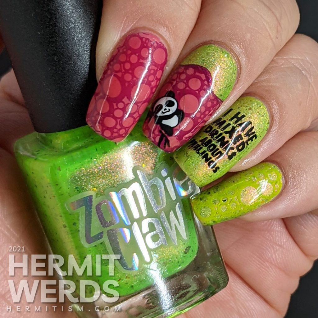 A raspberry and electric green nail art painted to represent a cocktail called Zombie Panda (by Micah Melton) with cute drink and panda stamping decals.