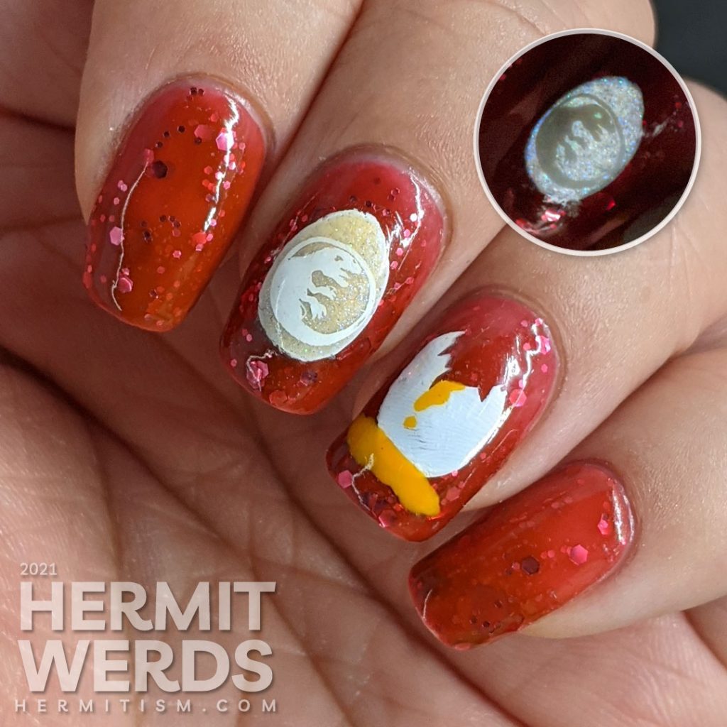 Nail art of dinosaur eggs (one broken with yolk, one glow in the dark with a baby dinosaur, and one just hatched) stamped on a blood red glitter filled base.