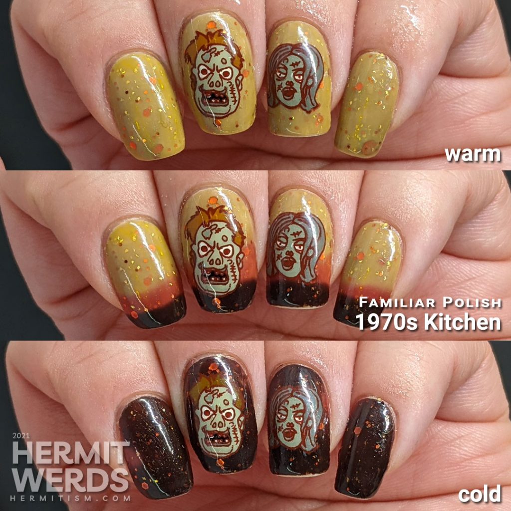 Zombie nail art with cartoon zombie head stamping decals and on a mustard/orange/brown tri-thermal base with orange and gold glitters.