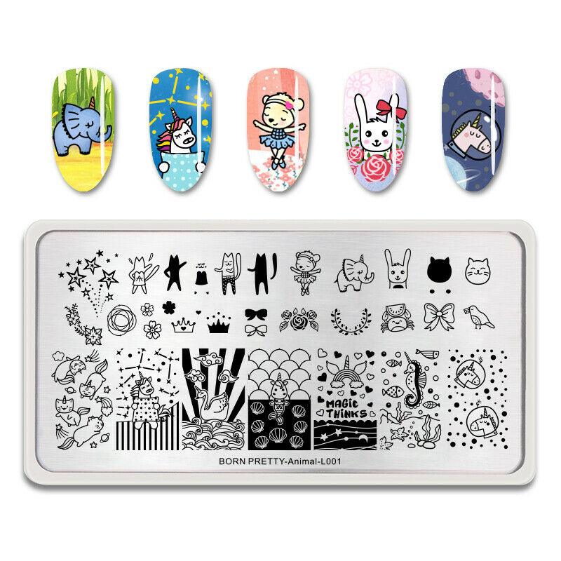 Born Pretty Animal-L001 stamping plate with lots of animals with unicorn horns, bows, and other cute images.