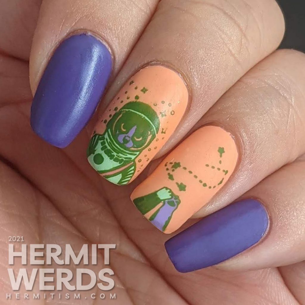 A purple peach and green (secondary color scheme) nail art with astronaut kitties and cats high fiving because they conquered space.