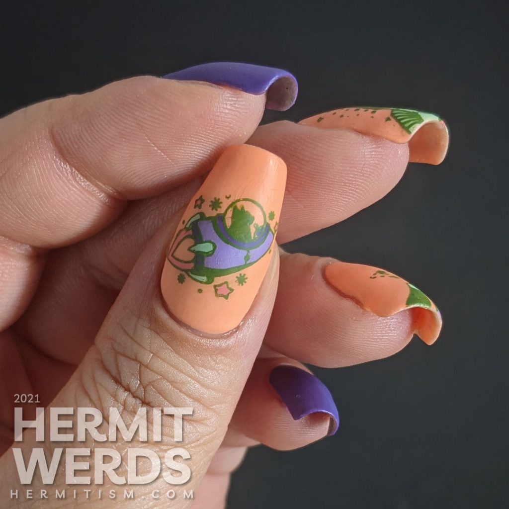 A purple peach and green (secondary color scheme) nail art with astronaut kitties and cats high fiving because they conquered space.