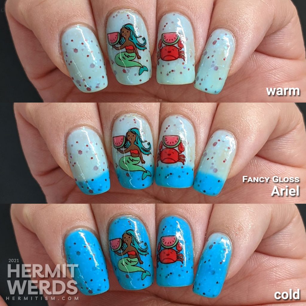 A turquoise to white thermal nail polish with stamping decals of a mermaid and crab enjoying watermelon and a full-nail watermelon pattern on the thumb.