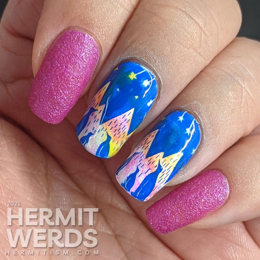 A neon cool nail art of penguins gazing up at a sky of shooting stars against an icey mountain background.