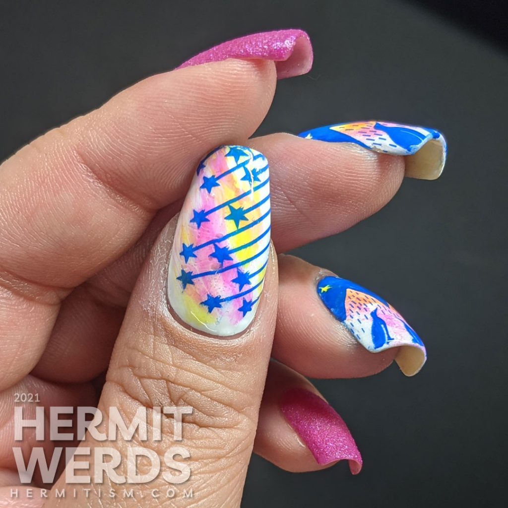 A neon cool nail art of penguins gazing up at a sky of shooting stars against an icey mountain background.