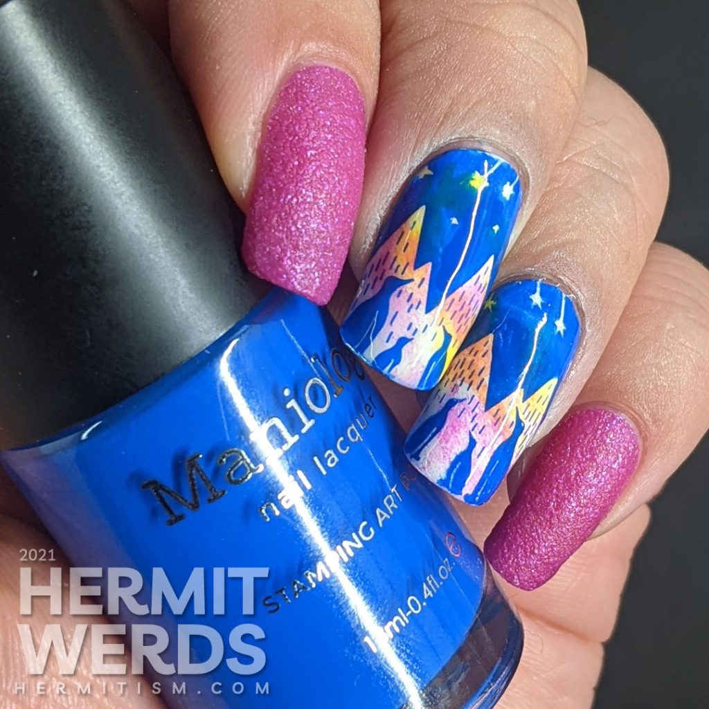 A neon cool nail art of penguins gazing up at a sky of shooting stars against an icey mountain background.