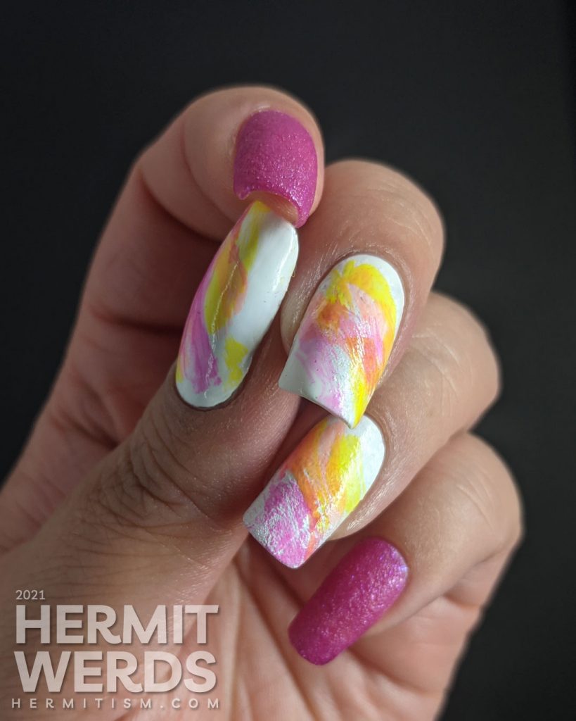 A neon cool nail art of penguins gazing up at a sky of shooting stars against an icey mountain background.