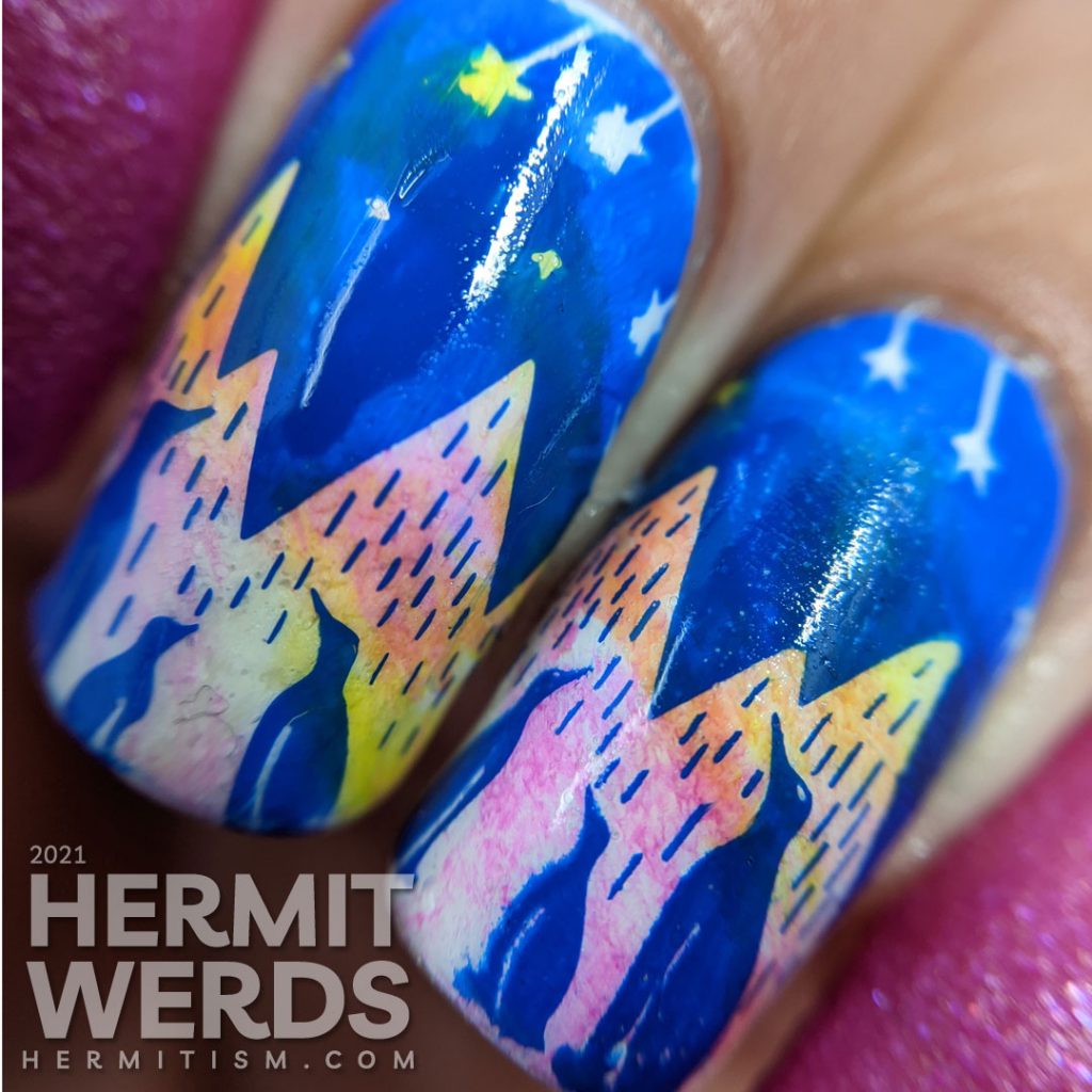 A neon cool nail art of penguins gazing up at a sky of shooting stars against an icey mountain background.