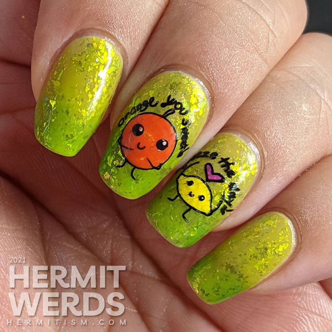 A yellow to bright green thermal polish with sweetly flattering orange and lemon stamping decals on top and more happy food on the thumb.