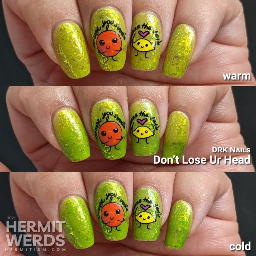 A yellow to bright green thermal polish with sweetly flattering orange and lemon stamping decals on top and more happy food on the thumb.