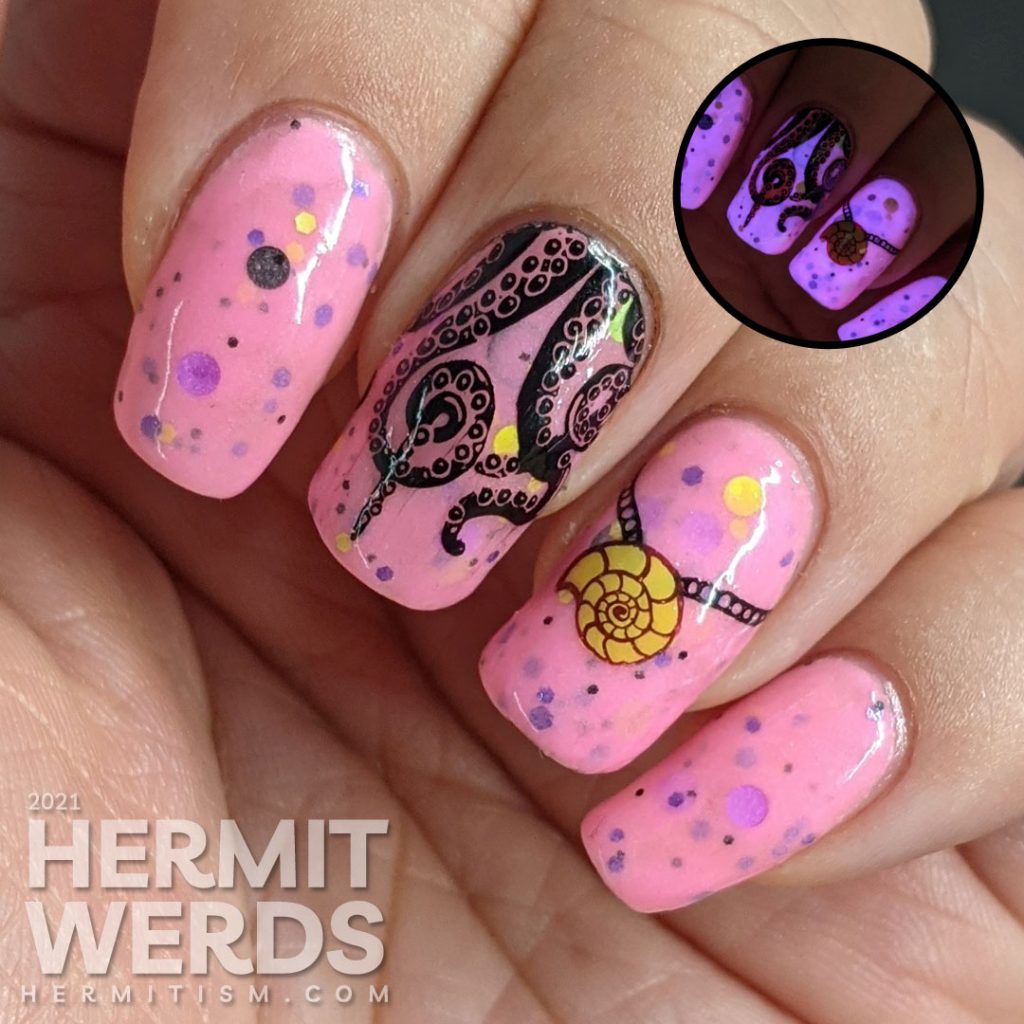 A pink glow in the dark crelly with Disney villain Ursula nail art complete with tentacles, shell necklace, and her attack on Eric's ship.