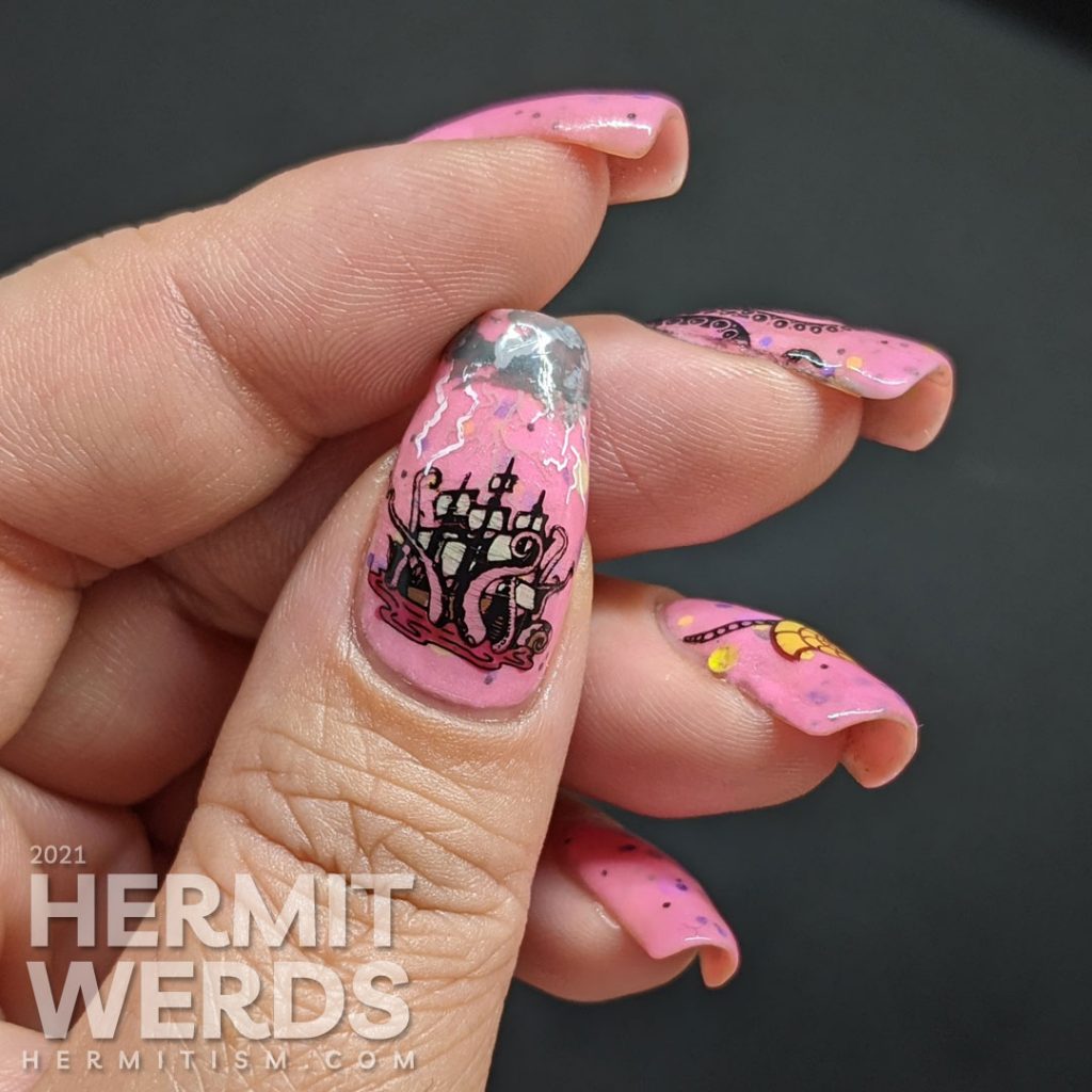 A pink glow in the dark crelly with Disney villain Ursula nail art complete with tentacles, shell necklace, and her attack on Eric's ship.