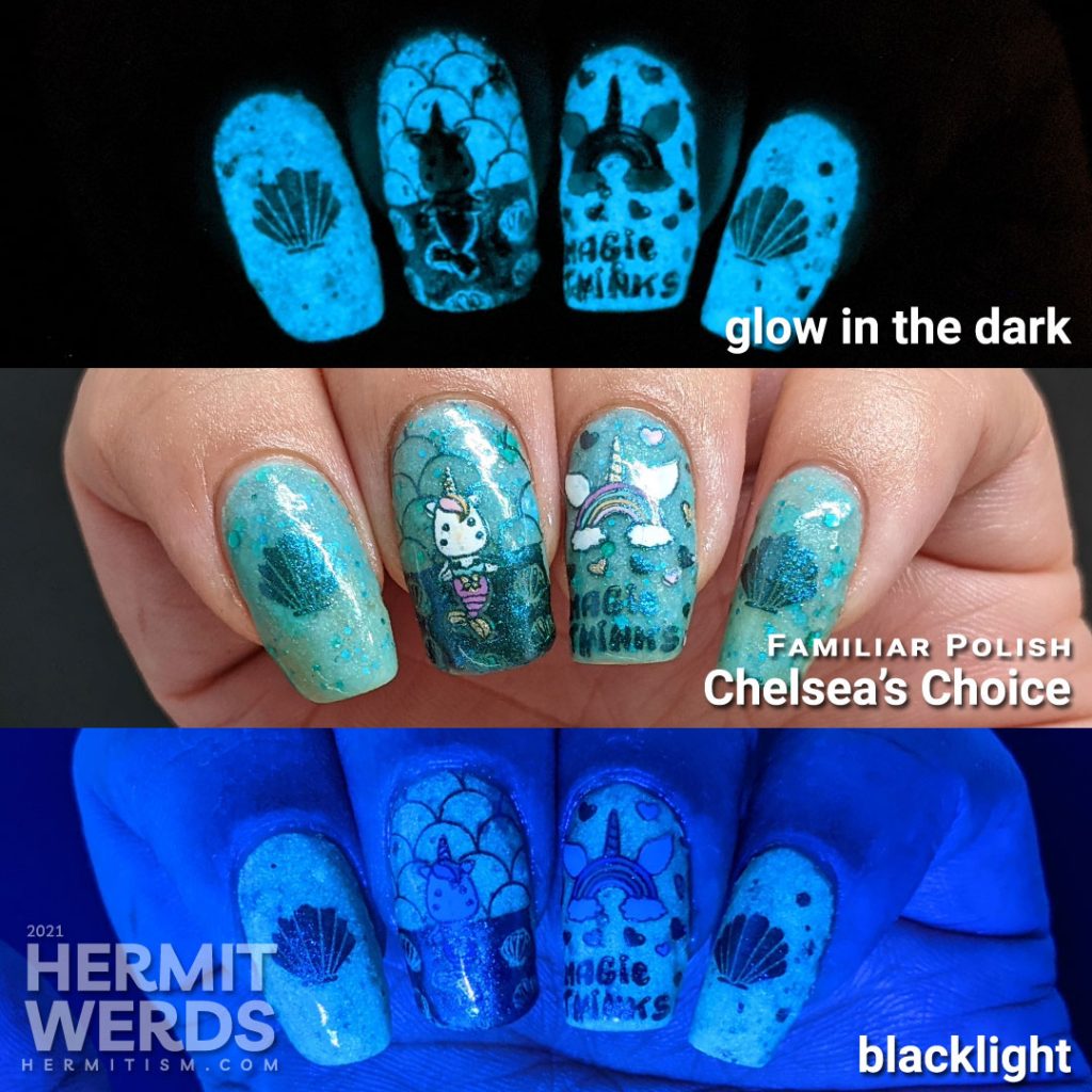 Teal glow in the dark nail art with a mermaid unicorn (mermicorn) stamping decal and a narwhale.