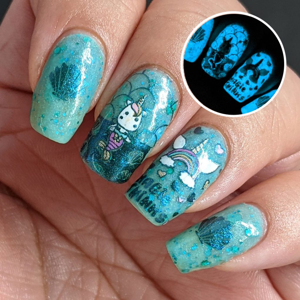 Teal glow in the dark nail art with a mermaid unicorn (mermicorn) stamping decal and a narwhale.