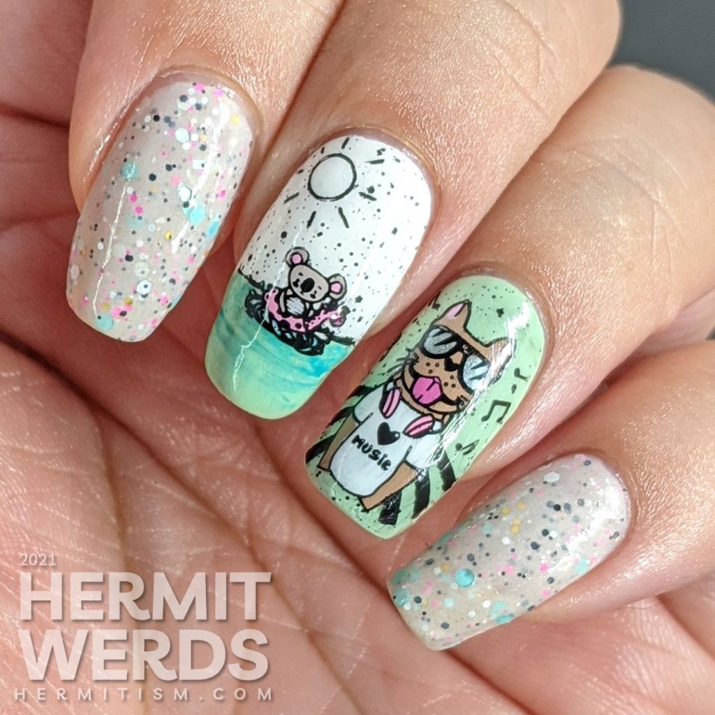 Pool party nail art using mint polish and a soft beige glitter crelly with stamping decals of anthropomorphic animals swimming and dj-ing.