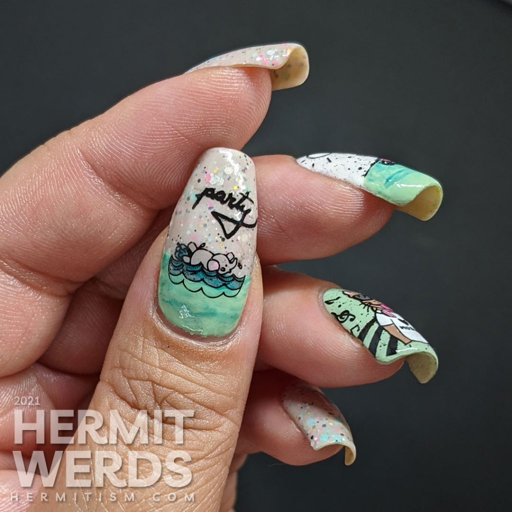 Pool party nail art using mint polish and a soft beige glitter crelly with stamping decals of anthropomorphic animals swimming and dj-ing.